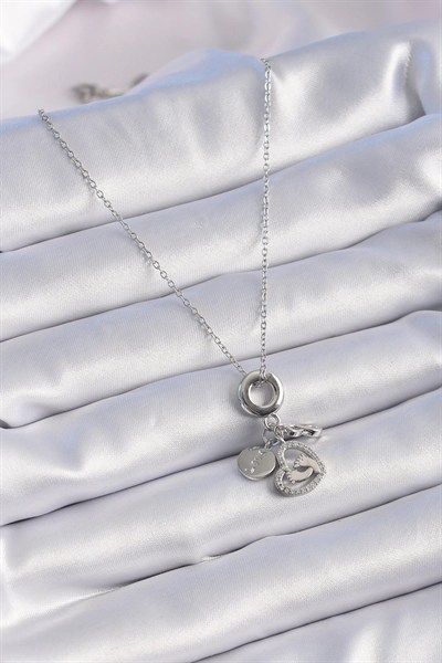 Mey İthalat® 316L Çelik Gümüş Renk Zirkon Taş Detay Kalp Model Charm Kadın Kolye