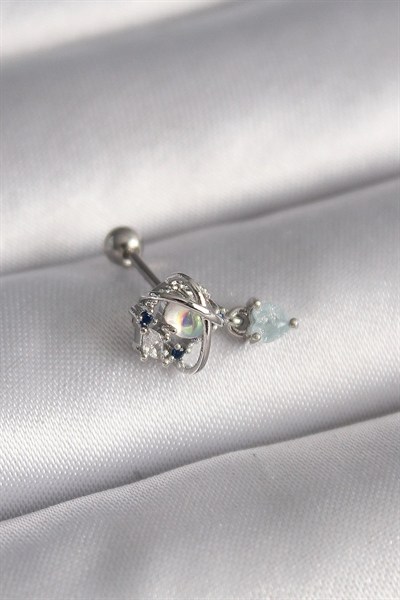 Mey İthalat® 316L Çelik Gümüş Renk Zirkon Taşlı Sallantı Kalp Detay Tragus Piercing