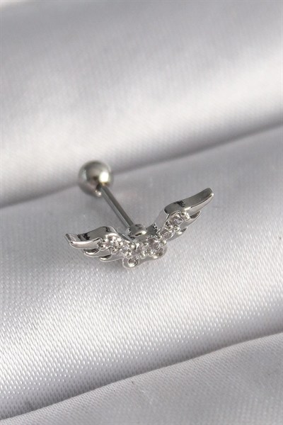 Mey İthalat® 316L Çelik Gümüş Renk Zirkon Taş Detay Kanat Model Tragus Piercing