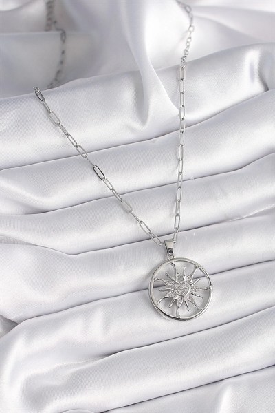 Mey İthalat® 316L Çelik Gümüş Renk Zirkon Taşlı Güneş Madalyon Model Kadın Kolye