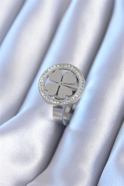 Mey İthalat® 316L Çelik Gümüş Renk Zirkon Taşlı Yonca Model Kadın Yüzük