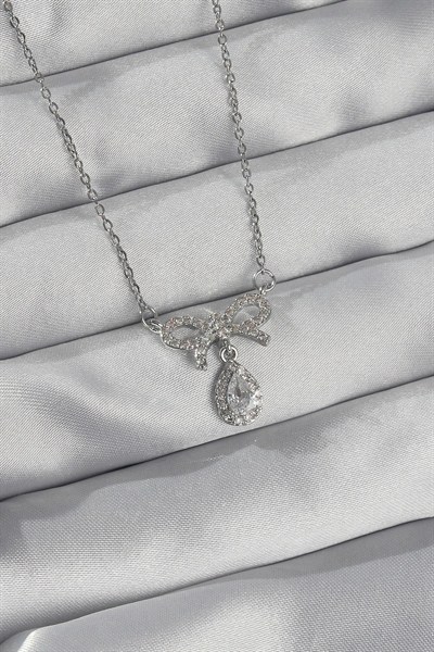 Mey İthalat® 316L Çelik Gümüş Renk Zirkon Taşlı Fiyonk Detay Damla Kolye