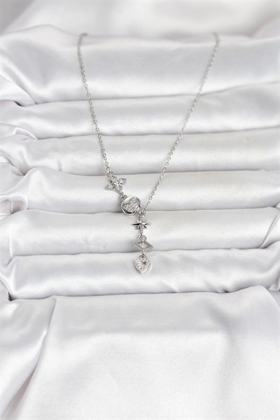 Mey İthalat® 316L Çelik Gümüş Renk Zirkon Taşlı Y Kadın Kolye