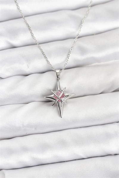 Mey İthalat® 316L Çelik Gümüş Renk Zirkon Taşlı Kutup Yıldızı Model Kadın Kolye