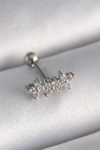 Mey İthalat® 316L Çelik Gümüş Renk Zirkon Taşlı Yonca Tragus Piercing