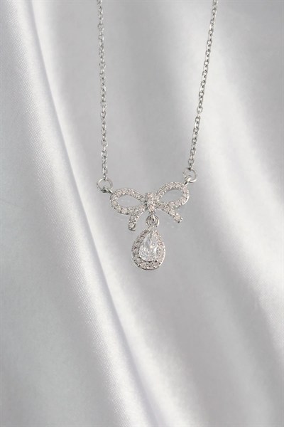 Mey İthalat® 316L Çelik Gümüş Renk Zirkon Taşlı Fiyonk Detay Damla Kolye