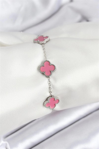 Mey İthalat® 316L Çelik Gümüş Zincir Pembe Renk Yonca Bileklik
