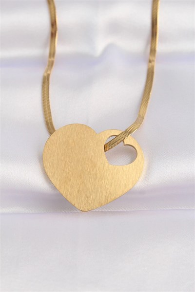 Mey İthalat® 316L Çelik İtalyan Zincir Altın Renk Düz Plaka Kalp Kolye