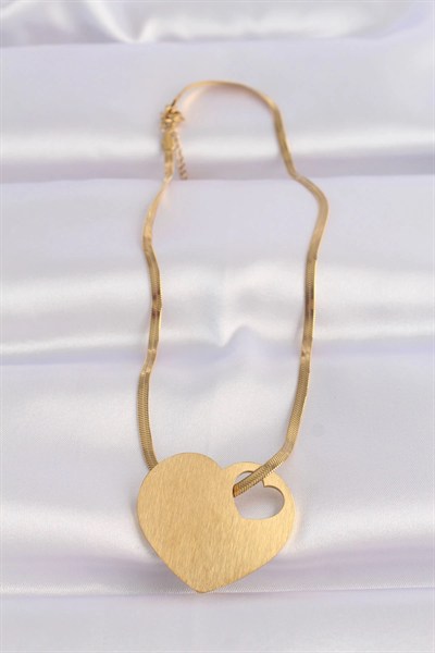 Mey İthalat® 316L Çelik İtalyan Zincir Altın Renk Düz Plaka Kalp Kolye