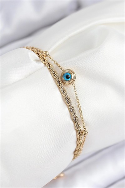 Mey İthalat® 316L Çelik Nazar Boncuk Model Burgu Zincir Gold Renk Kadın Bileklik