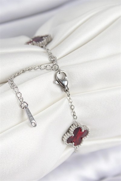 Mey İthalat® 316L Çelik Sedefli Kırmızı Gümüş Renk Yonca Kadın Bileklik