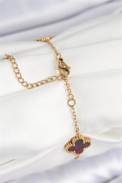 Mey İthalat® 316L Çelik Sedefli Kırmızı Gold Renk Yonca Kadın Bileklik