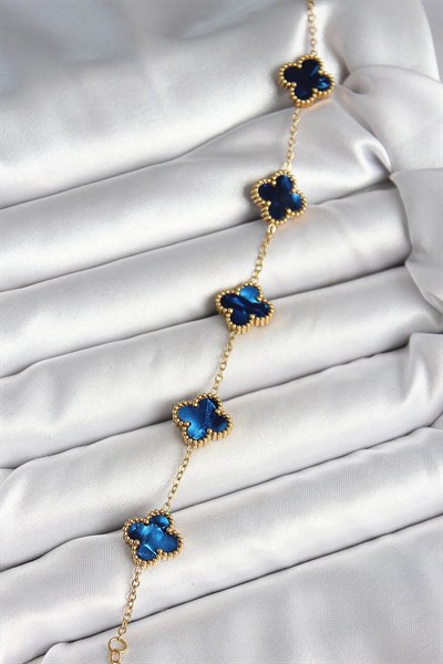 Mey İthalat® 316L Çelik Sedefli Lacivert Gold Renk Yonca Kadın Bileklik