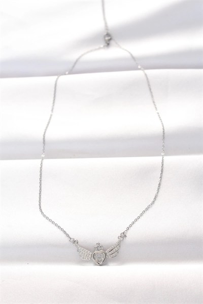 Mey İthalat® 316L Çelik Silver Renk Zirkon Taşlı Kalpli Kanat Kolye