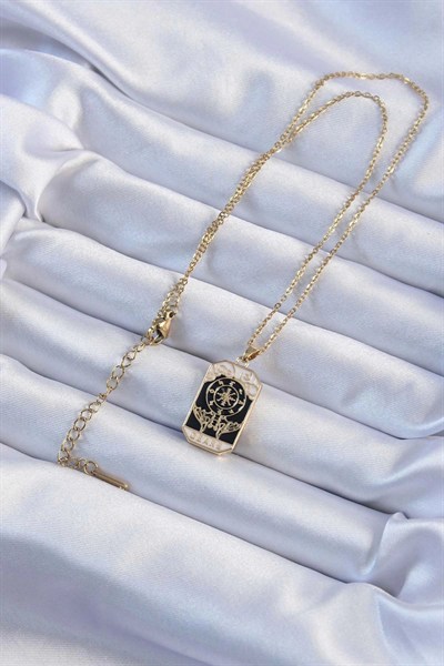 Mey İthalat® 316L Çelik Zincir Altın Renk İşlemeli Siyah Mineli Tarot Kolye