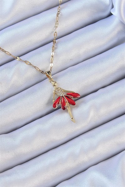 Mey İthalat® 316L Çelik Zincir Altın Renk Kırmızı Etekli Zirkon Taşlı Balerin Kolye