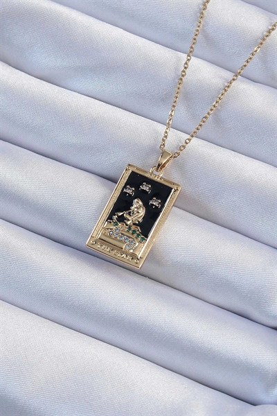 Mey İthalat® 316L Çelik Zincir Altın Renk Zirkon Taşlı Siyah Mineli Kız Figürlü Tarot Kolye