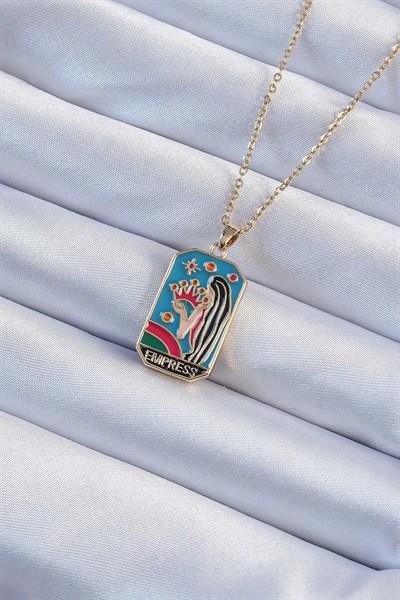 Mey İthalat® 316L Çelik Zincir Altın Renk Taç ve Kız Figürlü Renkli Mineli Tarot Kolye