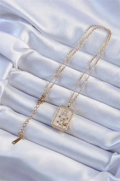 Mey İthalat® 316L Çelik Zincir Altın Renk Zirkon Taşlı Aslan Figürlü Tarot Kolye