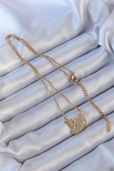 Mey İthalat® 316L Çelik Zincir Altın Renk Zirkon Taşlı Kuğu Kolye