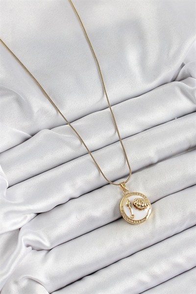 Mey İthalat® 316L Çelik Zincir Beyaz Mineli Sanatsal Portre İstiridye Model Gold Renk Kadın Kolye