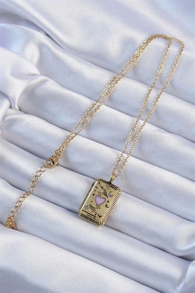 Mey İthalat® 316L Çelik Zincir Eskitme Altın Renk Pembe Mineli Kalp Figürlü Tarot Kolye