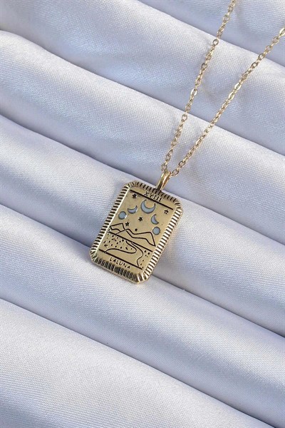 Mey İthalat® 316L Çelik Zincir Eskitme Altın Renk Ay Figürlü Tarot Kolye