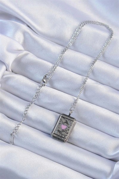 Mey İthalat® 316L Çelik Zincir Eskitme Gümüş Renk Pembe Mineli Kalp Figürlü Tarot Kolye