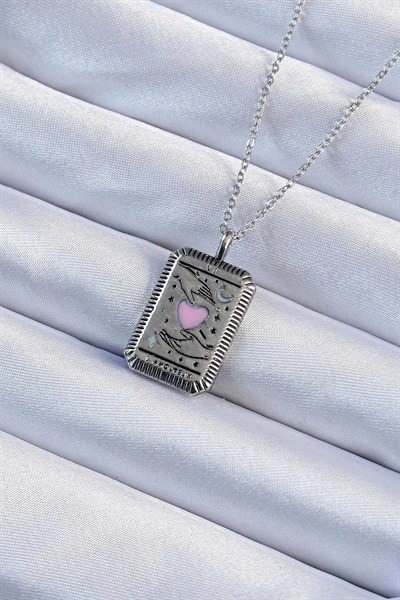 Mey İthalat® 316L Çelik Zincir Eskitme Gümüş Renk Pembe Mineli Kalp Figürlü Tarot Kolye