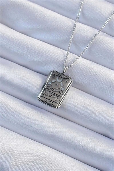 Mey İthalat® 316L Çelik Zincir Eskitme Gümüş Renk Ay Figürlü Tarot Kolye
