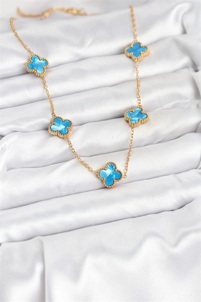 Mey İthalat® 316L Çelik Zincir Gold Buz Mavisi Renk Yonca Kolye