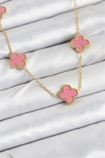 Mey İthalat® 316L Çelik Zincir Gold Pembe Renk Yonca Kadın Kolye