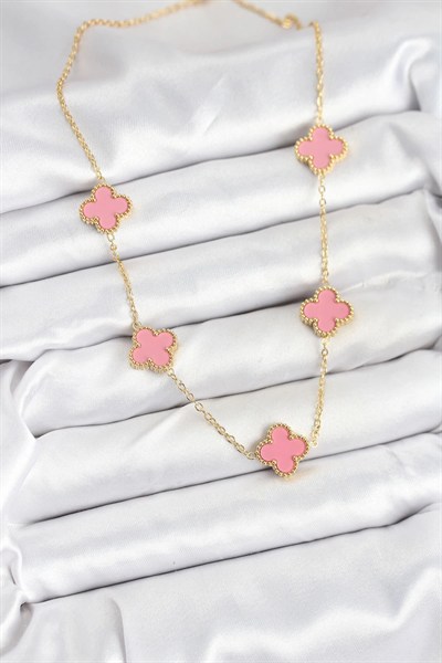 Mey İthalat® 316L Çelik Zincir Gold Pembe Renk Yonca Kadın Kolye
