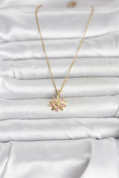 Mey İthalat® 316L Çelik Zincir Gold Renk Pembe Papatya Model Kadın Kolye