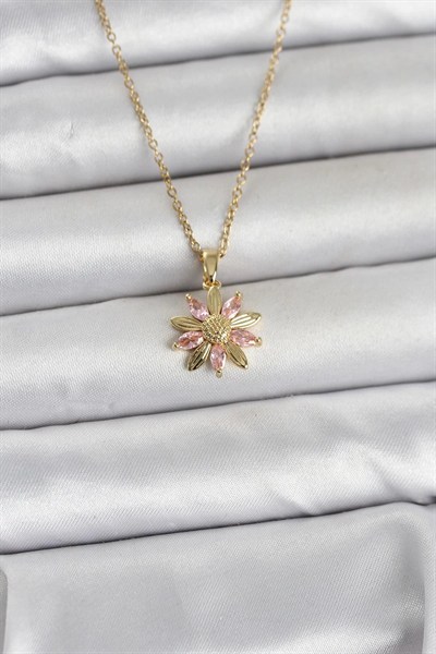 Mey İthalat® 316L Çelik Zincir Gold Renk Pembe Papatya Model Kadın Kolye