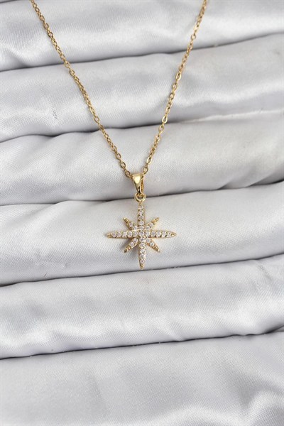 Mey İthalat® 316L Çelik Zincir Gold Renk Kutup Yıldızı Model Zirkon Taşlı Kadın Kolye
