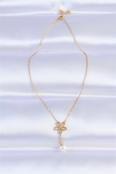 Mey İthalat® 316L Çelik Zincir Gold Renk İnci Detay Çiçek Kolye