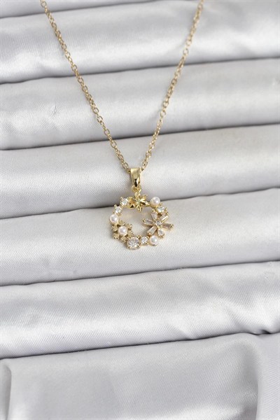 Mey İthalat® 316L Çelik Zincir Gold Renk İncili Çiçek Model Kadın Koyle