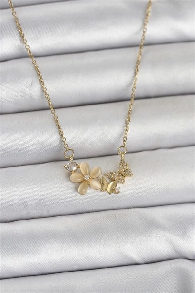 Mey İthalat® 316L Çelik Zincir Gold Renk Çiçek ve Kelebek Model Kadın Kolye