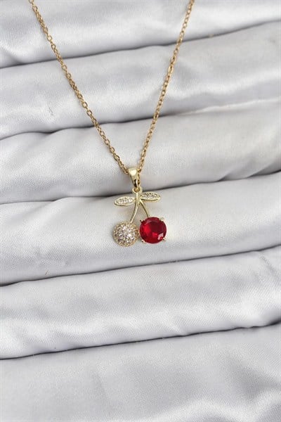 Mey İthalat® 316L Çelik Zincir Gold Renk Kiraz Model Zirkon Taşlı Kadın Kolye