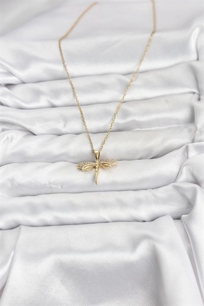 Mey İthalat® 316L Çelik Zincir Gold Renk Yusufçuk Model Zirkon Taşlı Kadın Kolye