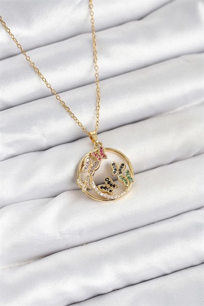 Mey İthalat® 316L Çelik Zincir Gold Renk Zirkon Taşlı Kelebekli Kadın Kolye