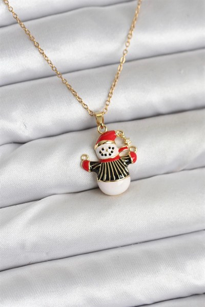 Mey İthalat® 316L Çelik Zincir Gold Renk Kardan Adam Figürlü Yılbaşı Temalı Kadın Kolye