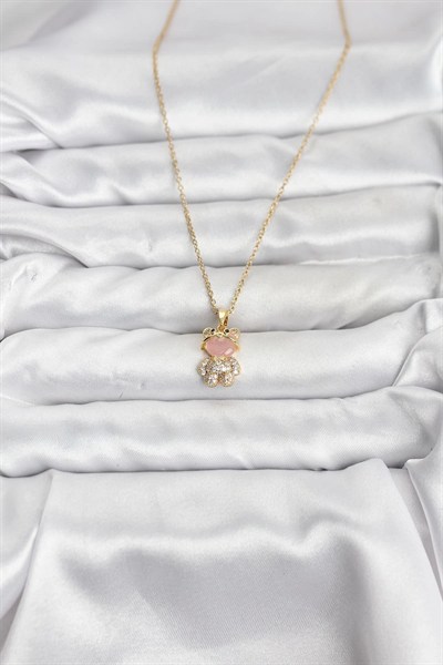 Mey İthalat® 316L Çelik Zincir Gold Renk Teddy Bear Model Zirkon Taşlı Kadın Kolye