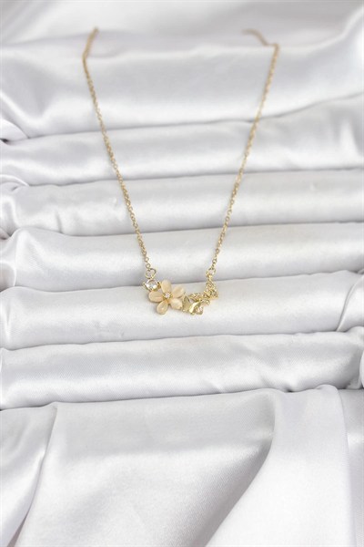 Mey İthalat® 316L Çelik Zincir Gold Renk Çiçek ve Kelebek Model Kadın Kolye
