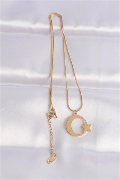 Mey İthalat® 316L Çelik Zincir Gold Renk Ay Yıldız Unisex Kolye