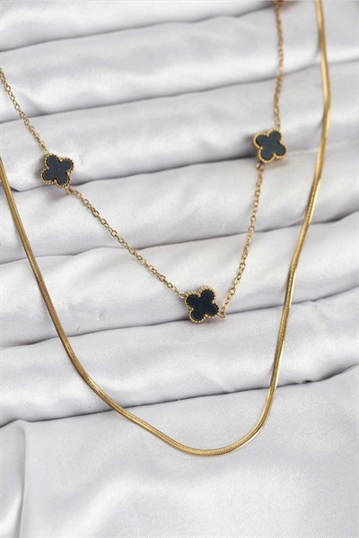 Mey İthalat® 316L Çelik Zincir Gold Renk İtalyan Zincirli Siyah Yonca Model Kadın Kolye