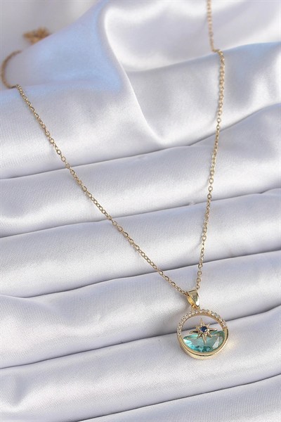 Mey İthalat® 316L Çelik Zincir Gold Renk Zirkon Taşlı Deniz Görünüm Kutup Yıldız Model Kadın Kolye