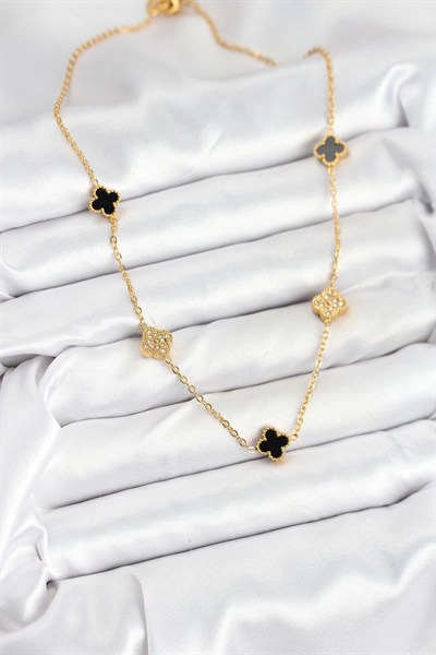 Mey İthalat® 316L Çelik Zincir Gold Renk Siyah ve Zirkon Taşlı Baby Boy Yonca Kadın Kolye