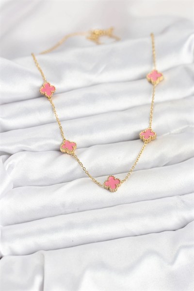 Mey İthalat® 316L Çelik Zincir Gold Renk Pembe Baby Boy Yonca Kadın Kolye